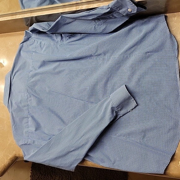 EGARA Slim Fit Non-Iron Blue & white micro check Long-sleeved Button-down Shirt, - Picture 7 of 11